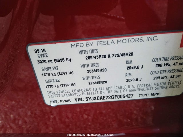 Tesla Model X 70d/90d/75d/60d 2016 5YJXCAE22GF005427 Image 10