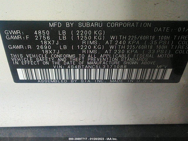 2020 Subaru Outback, VIN: 4S4BTANC5L3171088