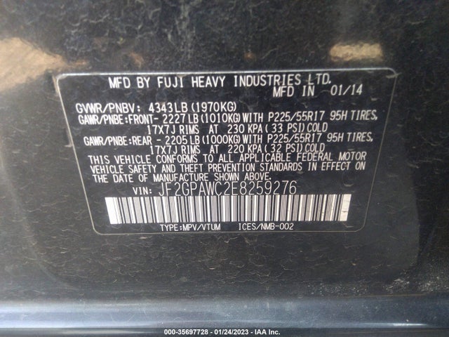 2014 SUBARU XV CROSSTREK PREMIUM VIN: JF2GPAWC2E8259276