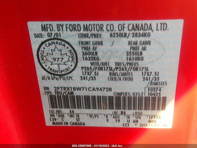 2001 FORD F-150 XL/XLT/LARIAT VIN: 2FTRX18W71CA94728