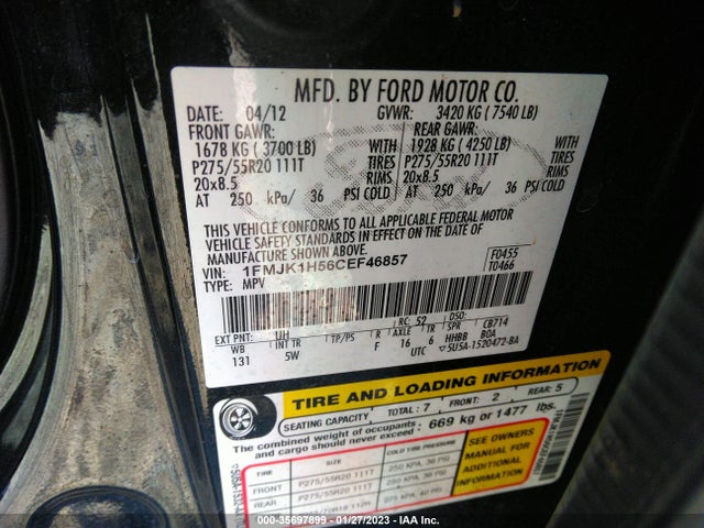 2012 FORD EXPEDITION EL KING RANCH/XLT VIN: 1FMJK1H56CEF46857