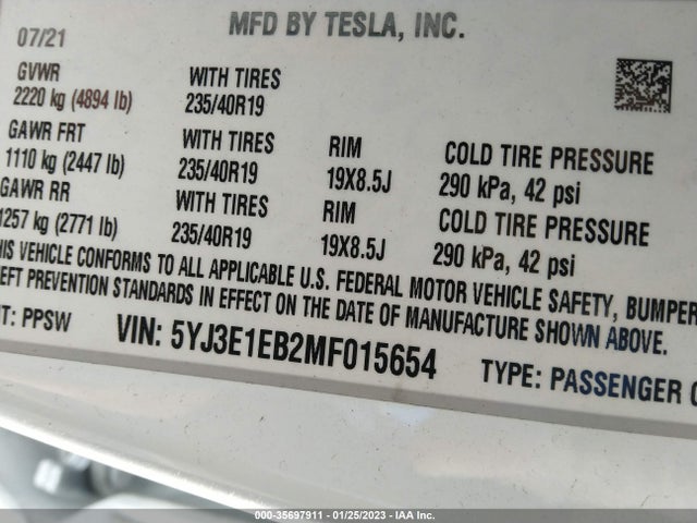 Tesla Model 3 Long Range 2021 5YJ3E1EB2MF015654 Image 11