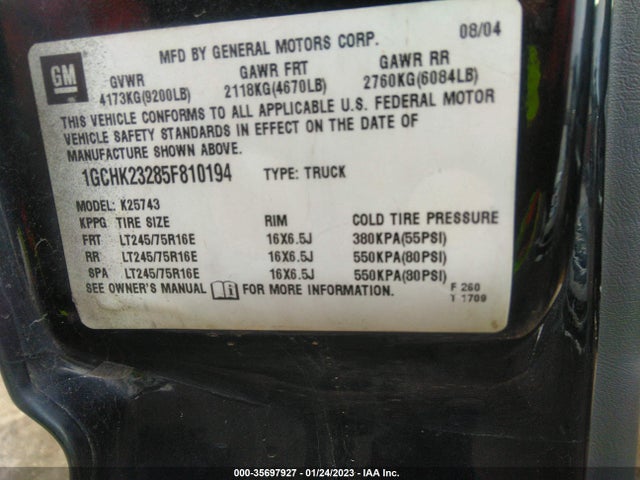 2005 CHEVROLET SILVERADO 2500HD LT VIN: 1GCHK23285F810194