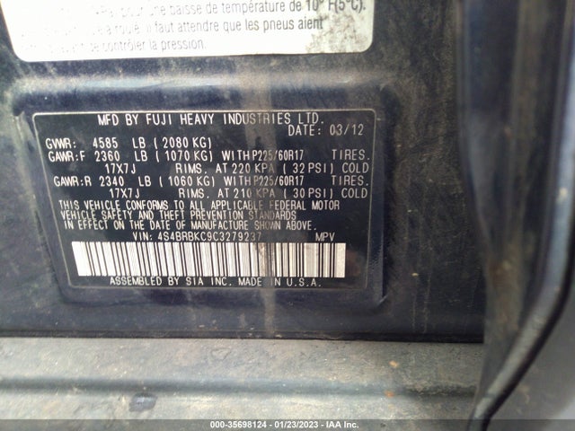2012 SUBARU OUTBACK 2.5I LIMITED VIN: 4S4BRBKC9C3279237