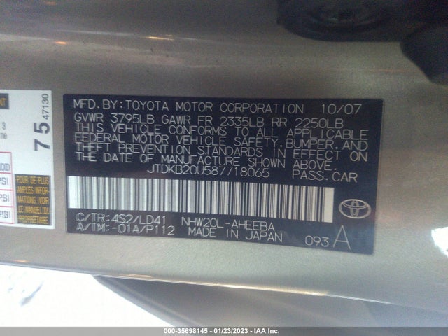 2008 TOYOTA PRIUS VIN: JTDKB20U587718065