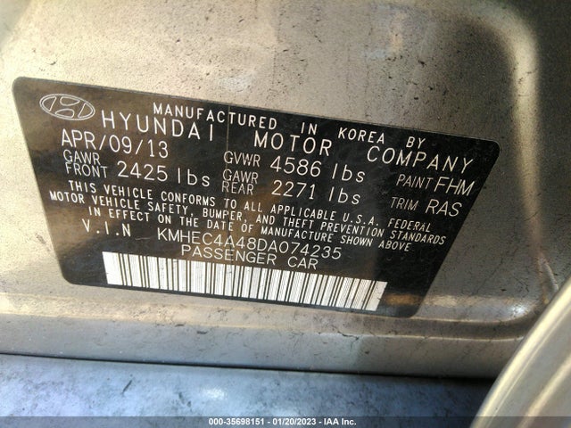 2013 HYUNDAI SONATA HYBRID LIMITED VIN: KMHEC4A48DA074235
