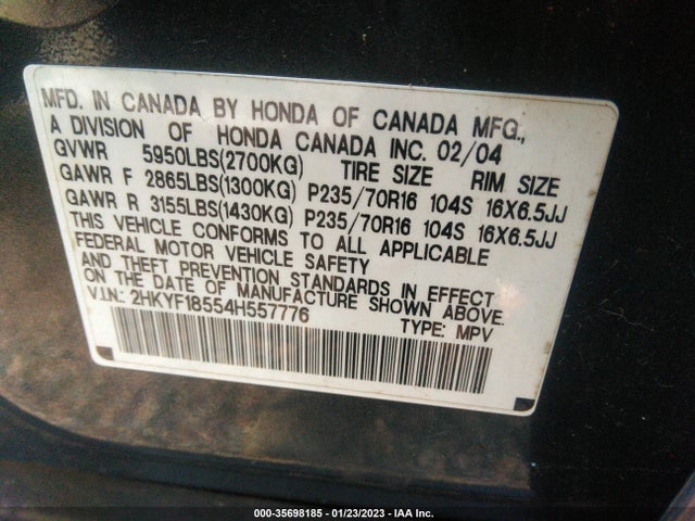 2004 HONDA PILOT EX VIN: 2HKYF18554H557776