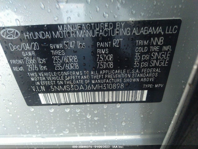 2021 Hyundai Santa Fe, VIN: 5NMS3DAJ6MH310898