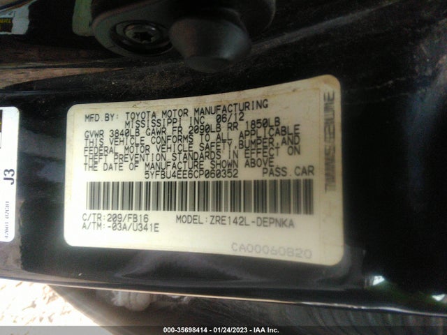 2012 TOYOTA COROLLA L/LE/S VIN: 5YFBU4EE6CP060352