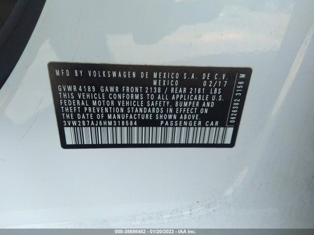 2017 Volkswagen Jetta, VIN: 3VW2B7AJ6HM318584