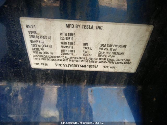 5YJYGDEE5MF193912 Tesla Model Y Long Range
