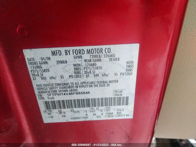 2008 FORD F-150 XLT/FX4/LARIAT VIN: 1FTPW14V48FB85848