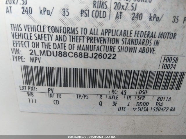 Lincoln MKX 2008 2LMDU88C68BJ26022 Image 10