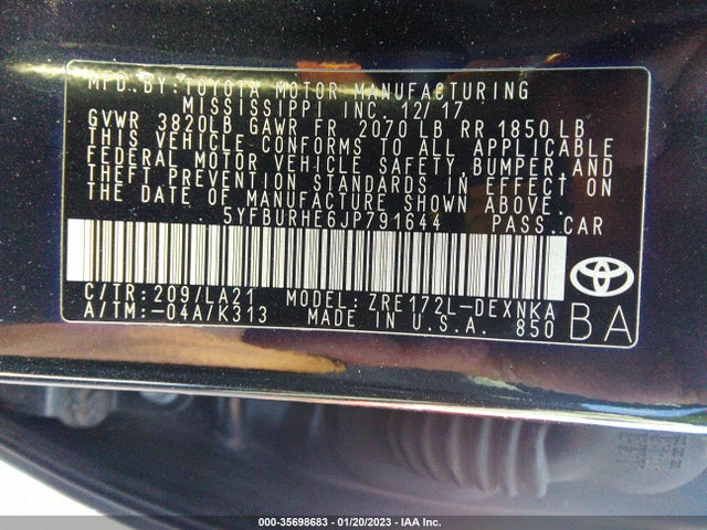 2018 Toyota Corolla, VIN: 5YFBURHE6JP791644
