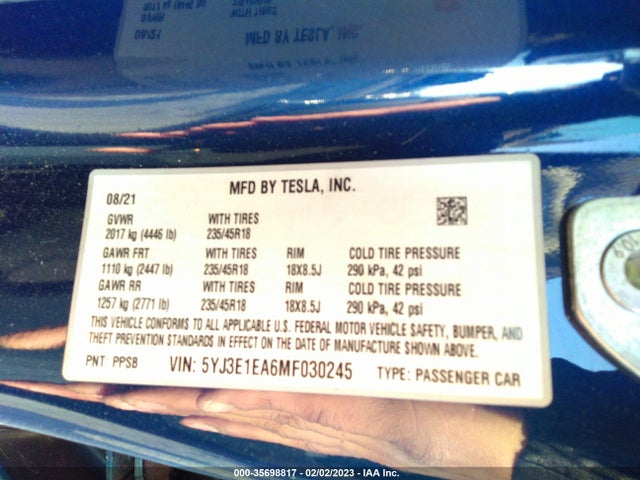 Tesla Model 3 Standard Range Plus 2021 5YJ3E1EA6MF030245 Image 13