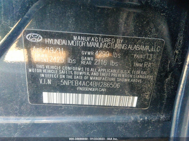 2011 HYUNDAI SONATA GLS PZEV VIN: 5NPEB4AC4BH286506