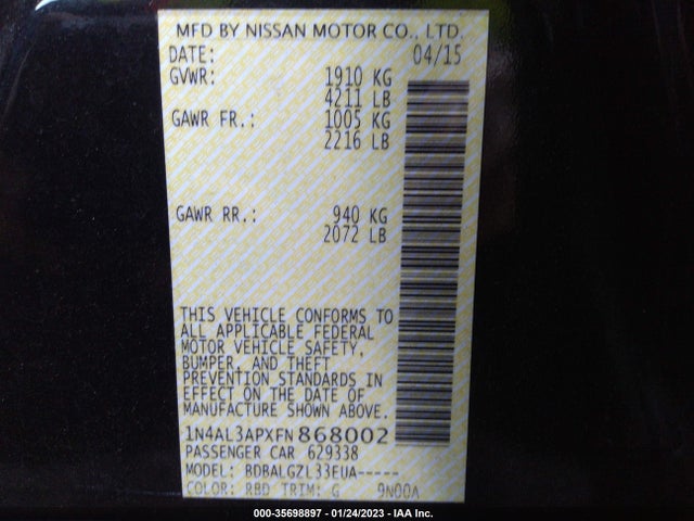 2015 NISSAN ALTIMA 2.5 VIN: 1N4AL3APXFN868002