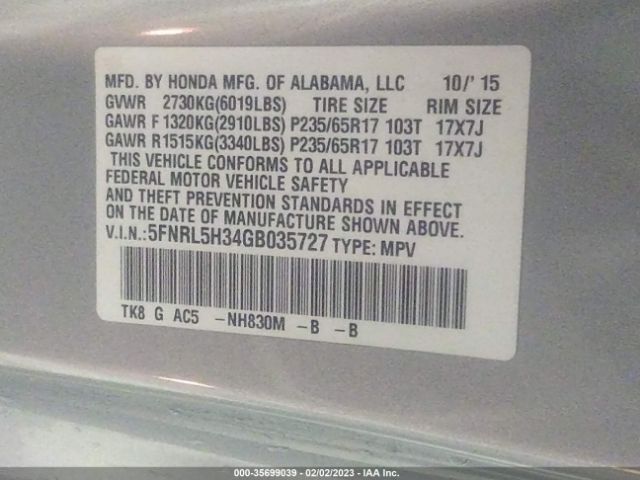 5FNRL5H34GB035727 Honda ODYSSEY SE