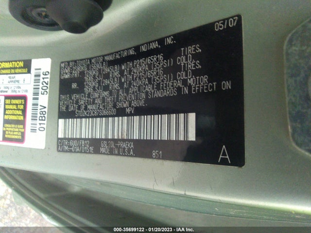 2007 TOYOTA SIENNA CE/LE VIN: 5TDZK23C87S066600