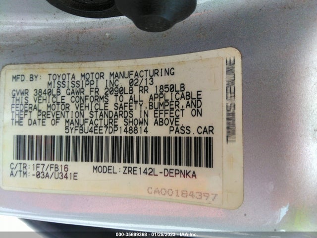 2013 TOYOTA COROLLA L/LE/S VIN: 5YFBU4EE7DP148814