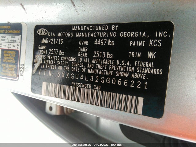 2016 Kia Optima, VIN: 5XXGU4L32GG066221