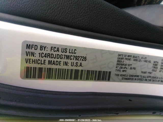 2021 Dodge Durango, VIN: 1C4RDJDG7MC792726