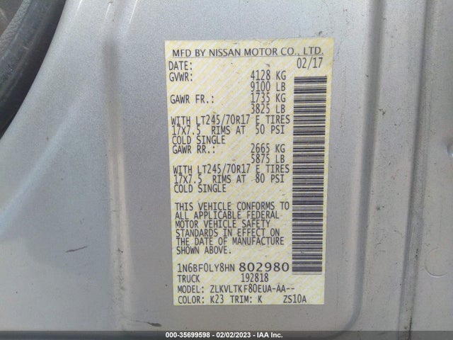 2017 Nissan NV, VIN: 1N6BF0LY8HN802980