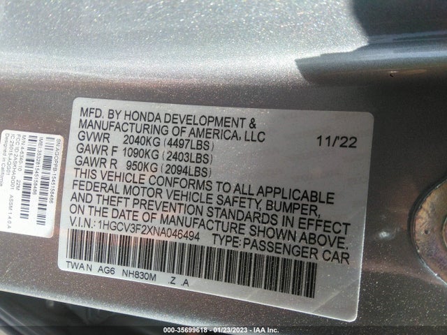 2022 HONDA ACCORD HYBRID SPORT VIN: 1HGCV3F2XNA046494