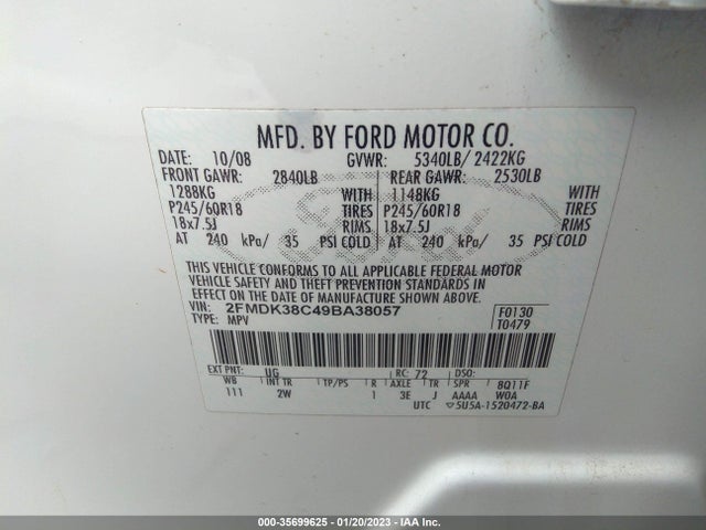 2009 FORD EDGE SEL VIN: 2FMDK38C49BA38057