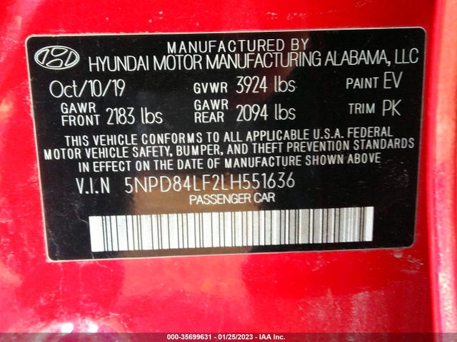 2020 HYUNDAI ELANTRA SEL VIN: 5NPD84LF2LH551636