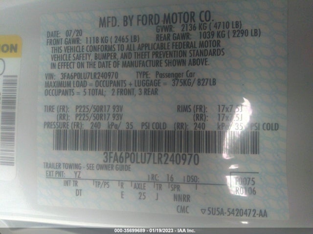 2020 Ford Fusion, VIN: 3FA6P0LU7LR240970