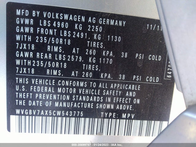 Volkswagen TIGUAN SE 2012 WVGBV7AX5CW543775 Image 10