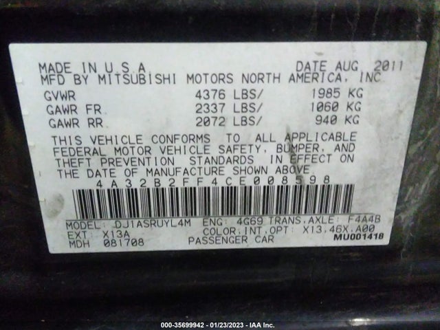 2012 MITSUBISHI GALANT FE VIN: 4A32B2FF4CE008598