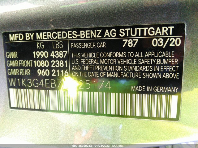 2020 Mercedes-Benz A-Class, VIN: W1K3G4EB7LJ225174