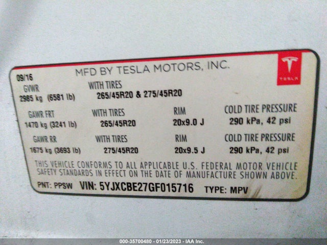 Tesla Model X 70d/90d/75d/60d/p100d 2016 5YJXCBE27GF015716 Image 10