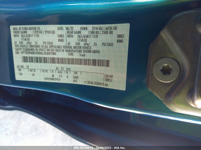2022 Ford Ranger, VIN: 1FTER4EH5NLD26786
