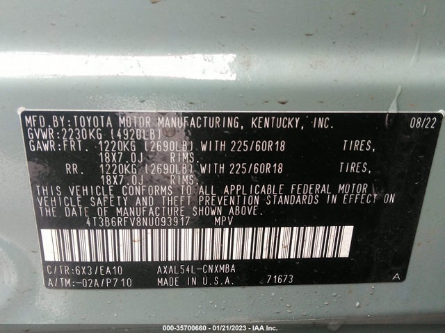 2022 Toyota RAV4, VIN: 4T3B6RFV8NU093917