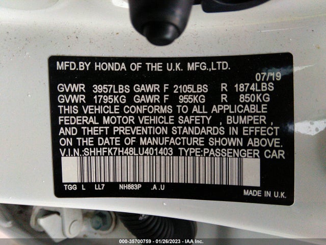 Honda Civic Hatchback Sport 2020 SHHFK7H48LU401403 Image 9
