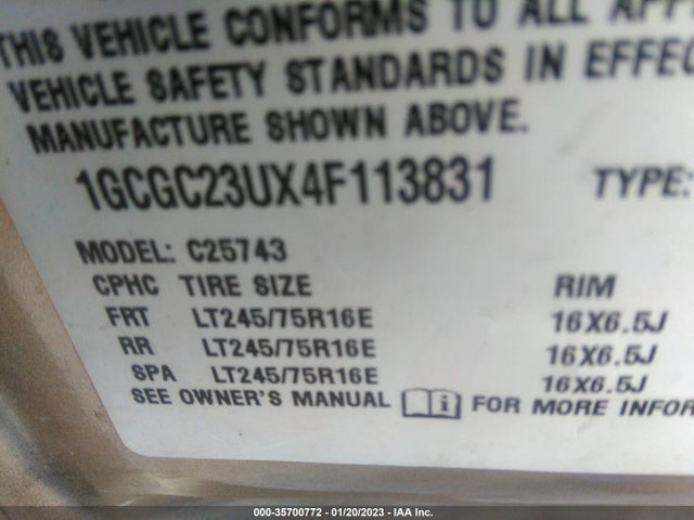 2004 CHEVROLET SILVERADO 2500 CREW CAB LT VIN: 1GCGC23UX4F113831