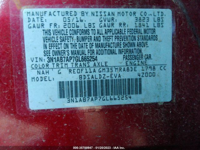 3N1AB7AP7GL665254 Nissan Sentra Sr/sl/s/sv/fe+ S