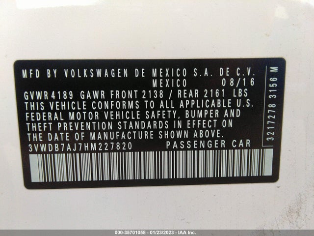 2017 VOLKSWAGEN JETTA 1.4T SE VIN: 3VWDB7AJ7HM227820