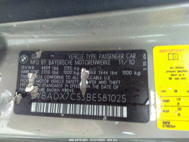 2011 BMW 3 SERIES 335I VIN: WBADX7C53BE581025
