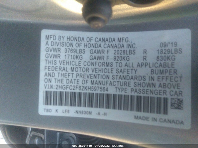Honda Civic Sedan Lx 2019 2HGFC2F62KH597564 Image 9