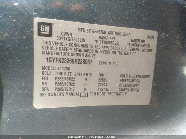 2009 CADILLAC ESCALADE VIN: 1GYFK23269R238967
