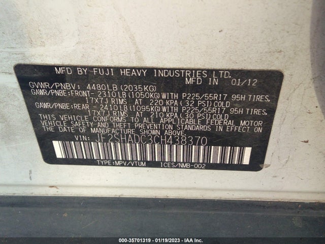 2012 SUBARU FORESTER 2.5X PREMIUM VIN: JF2SHADC3CH438370