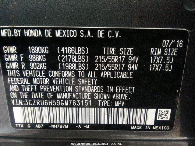 2016 Honda HR-V, VIN: 3CZRU6H59GM763151