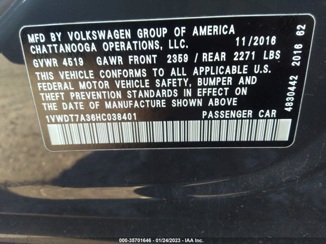 1VWDT7A36HC038401 Volkswagen Passat R-line W/comfort Pkg