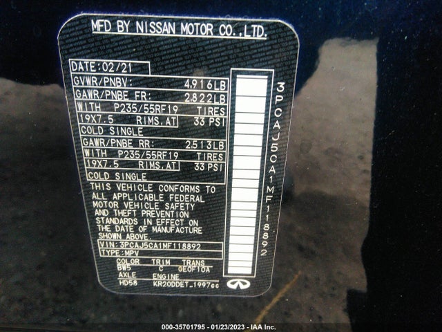 2021 Infiniti QX50, VIN: 3PCAJ5CA1MF118892