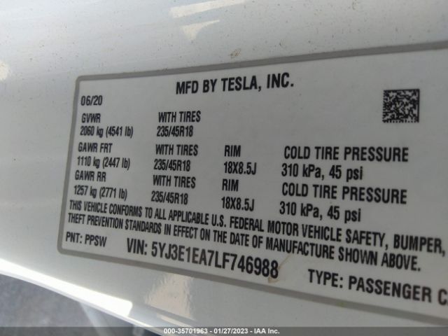 5YJ3E1EA7LF746988 Tesla Model 3 Standard Range