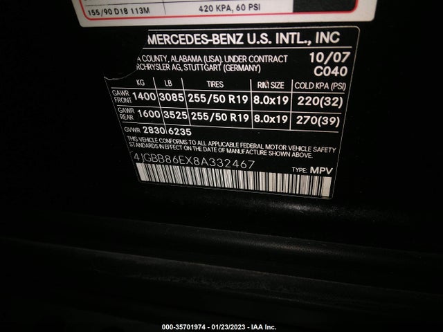 2008 MERCEDES-BENZ M-CLASS 3.5L VIN: 4JGBB86EX8A332467